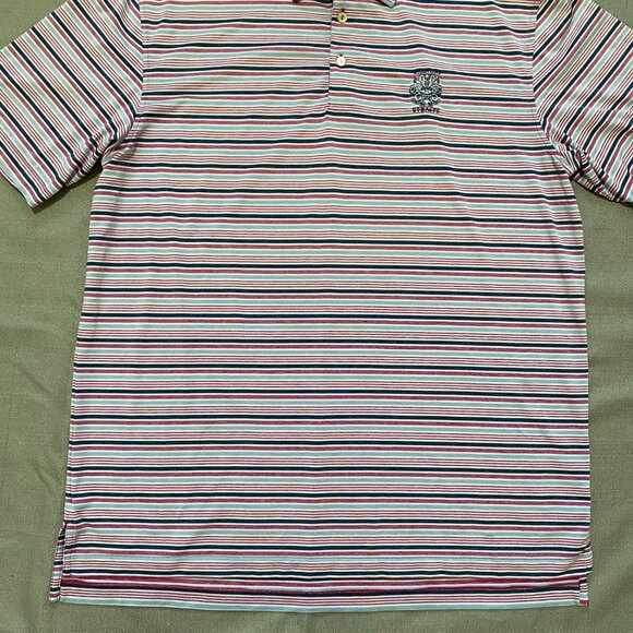 Peter Millar Summer Comfort Polo Shirt Large Pink Blue Stripe Wristling Straits - Picture 10 of 15